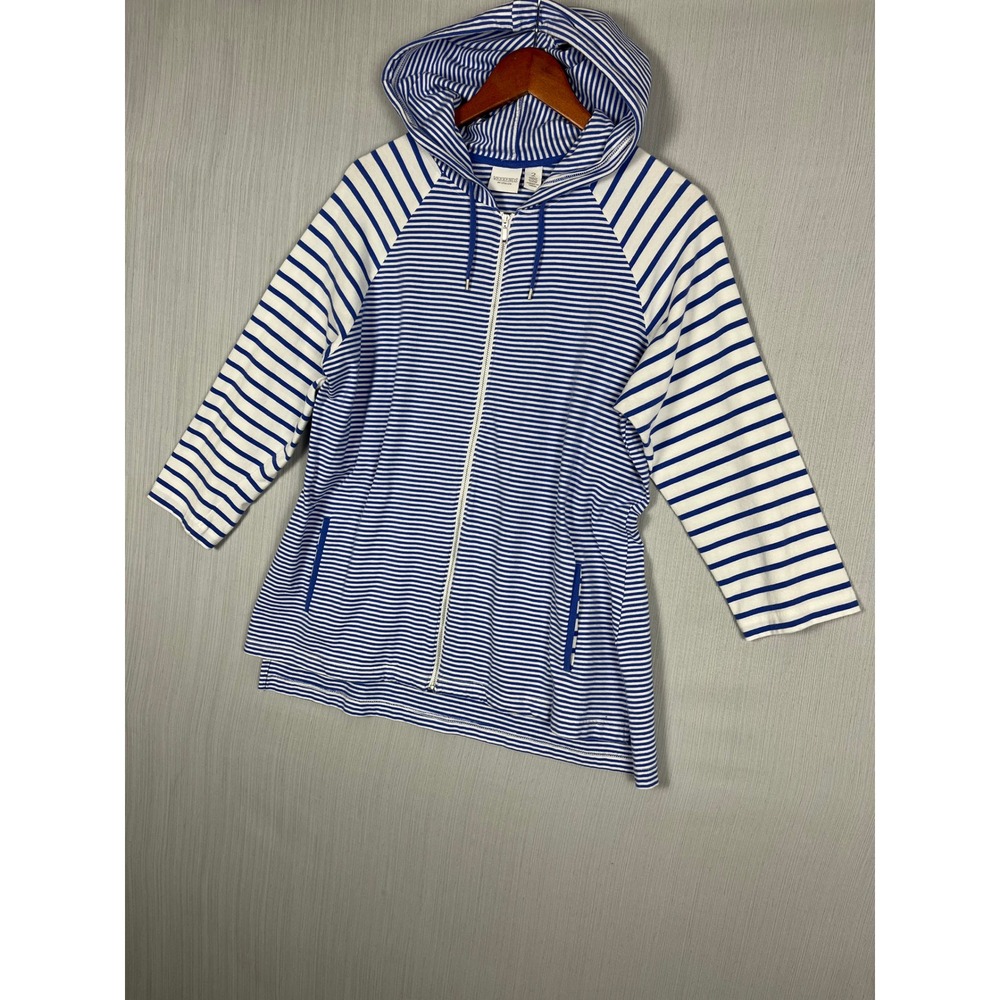Weekends by Chico's Hoodie Womens 2 Blue Stripe Full Zip 3/4‎ Sleeve Nautical